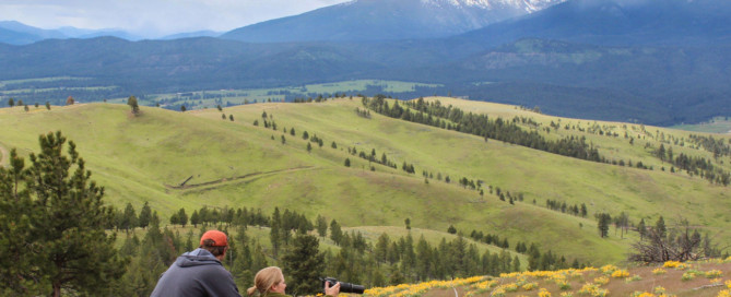 photographer couple in wildflower taking photo of trapper peak montana