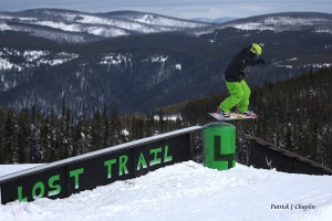 snowbarder riding rail at lt park lost trail poweder mountain montana photo patrick chaplin