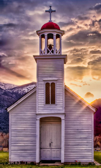 St Mary's mission in Stevensville Montana at sunset