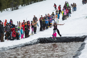 woman skiing into pond at skiesta lost trail